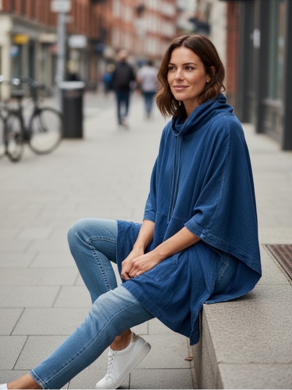 Pure Jill Indigo Stonewashed Hooded Poncho Pullover M/L – Soft Stretch Cotton